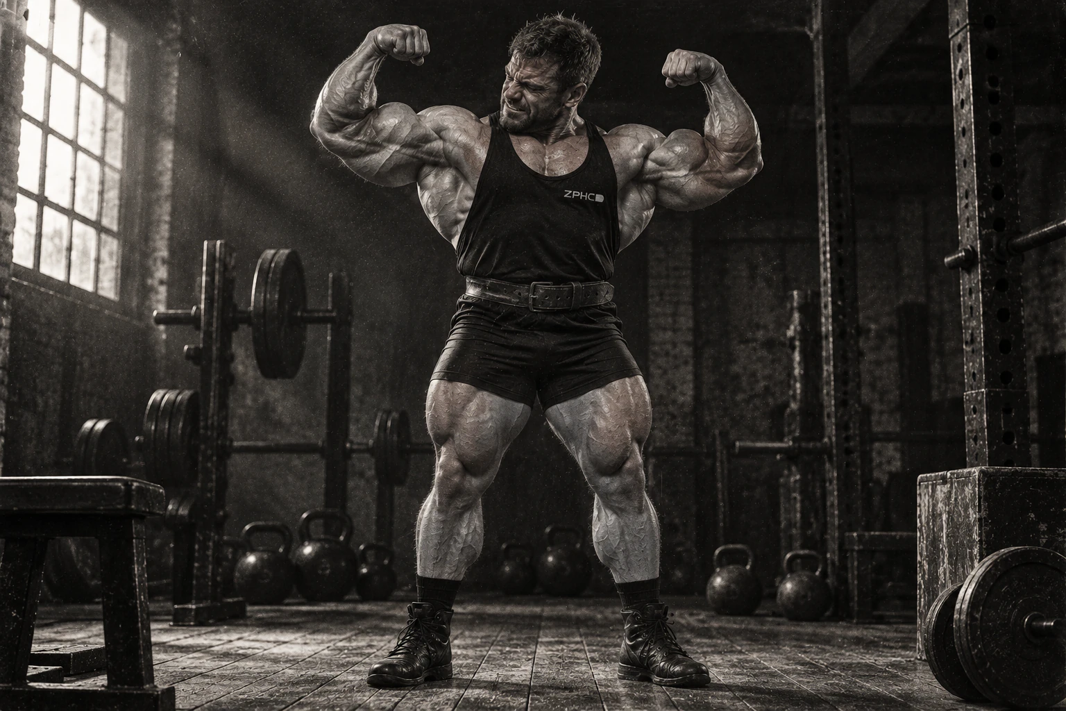 Muscular bodybuilder in a black tank top posing in a dark gym.