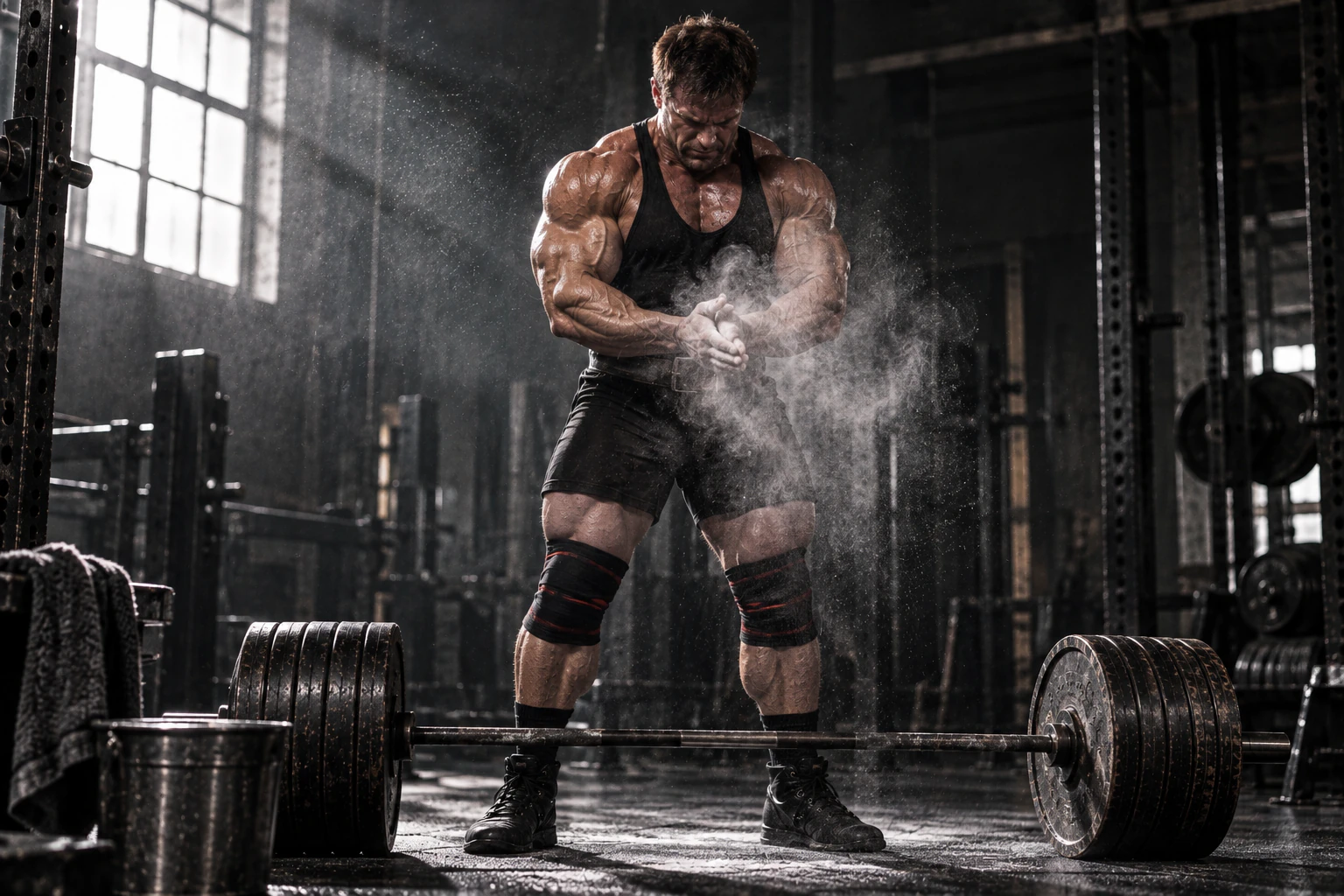 Bodybuilder rubbing chalk on his hands while standing over a heavy barbell.