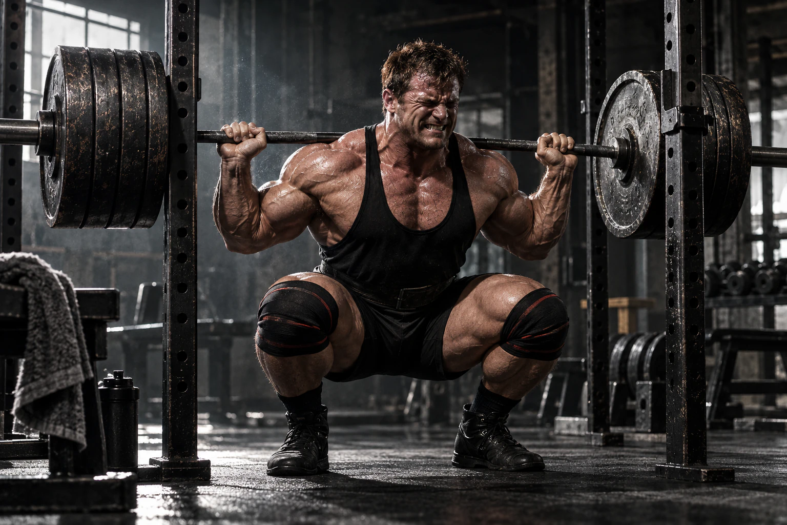 Bodybuilder doing a deep barbell back squat inside a power rack.