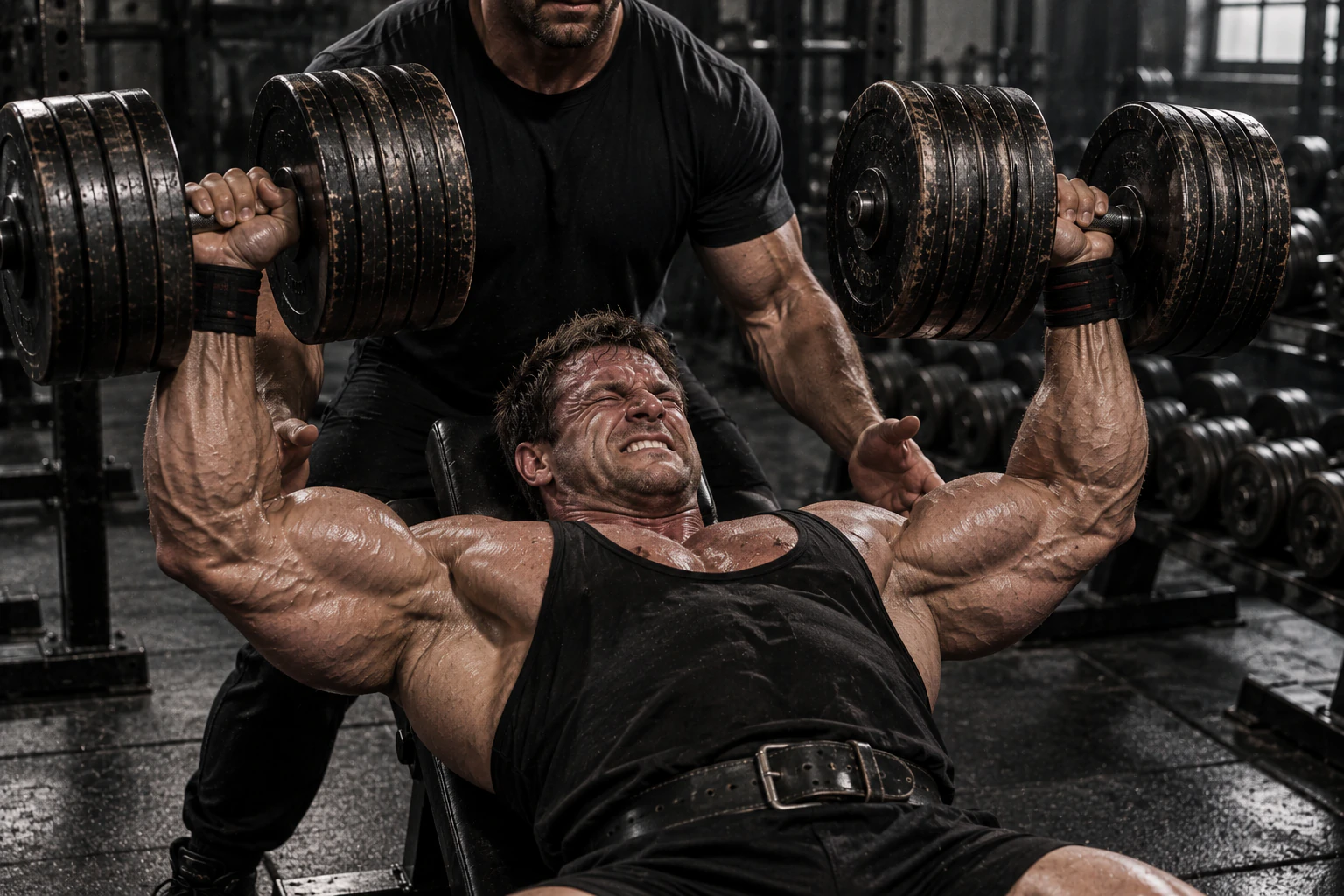 Bodybuilder doing an incline dumbbell press with a spotter standing behind him.