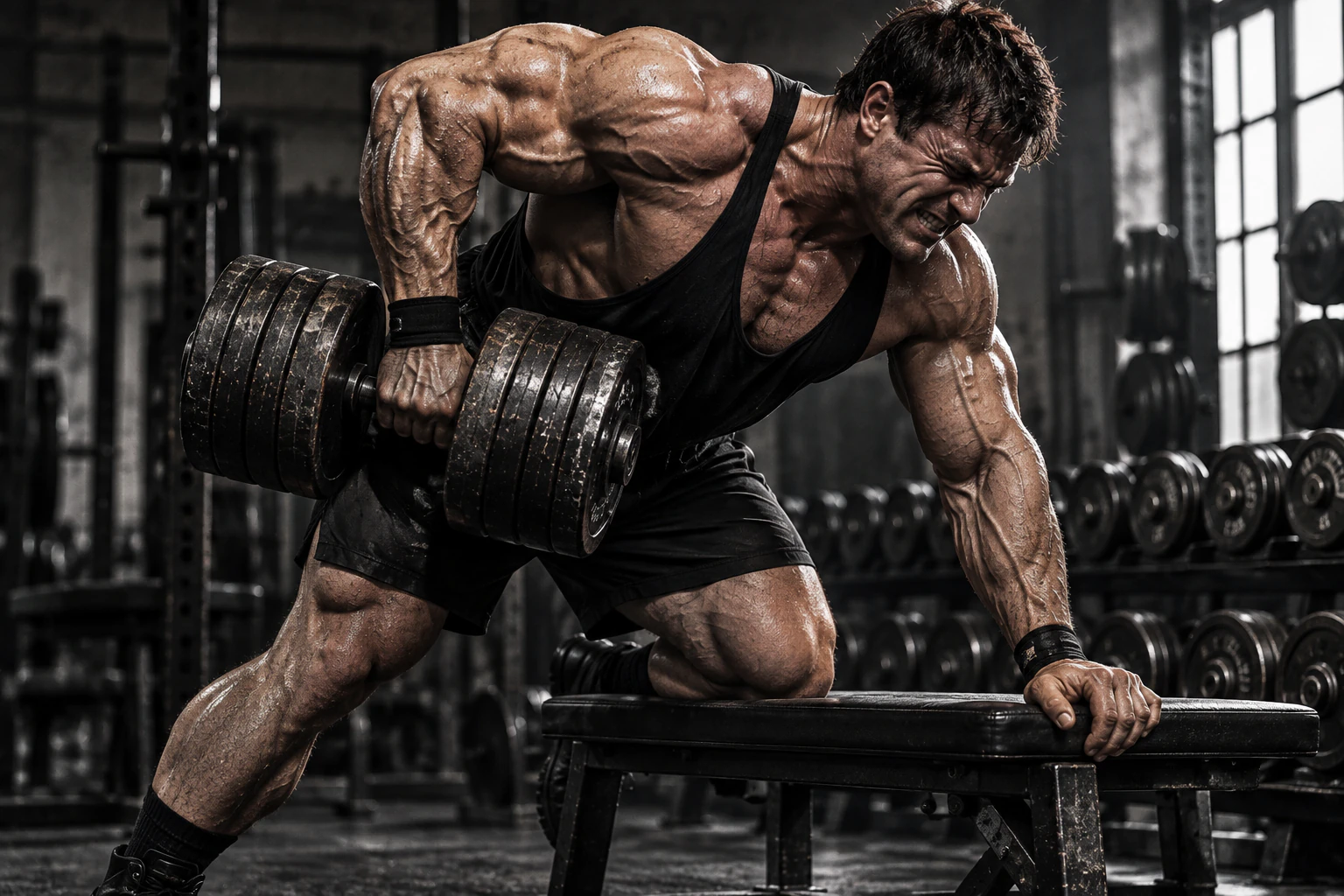 Bodybuilder doing a one-arm heavy dumbbell row on a flat bench.