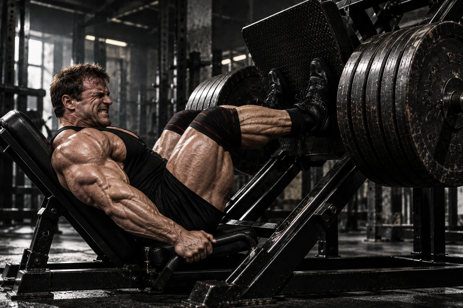 Bodybuilder exerting effort on a heavy leg press machine.