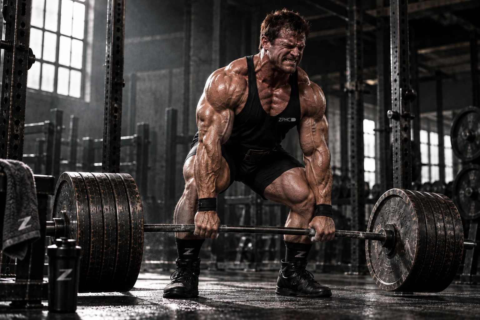 Bodybuilder gripping a heavy barbell on the floor, starting a conventional deadlift.