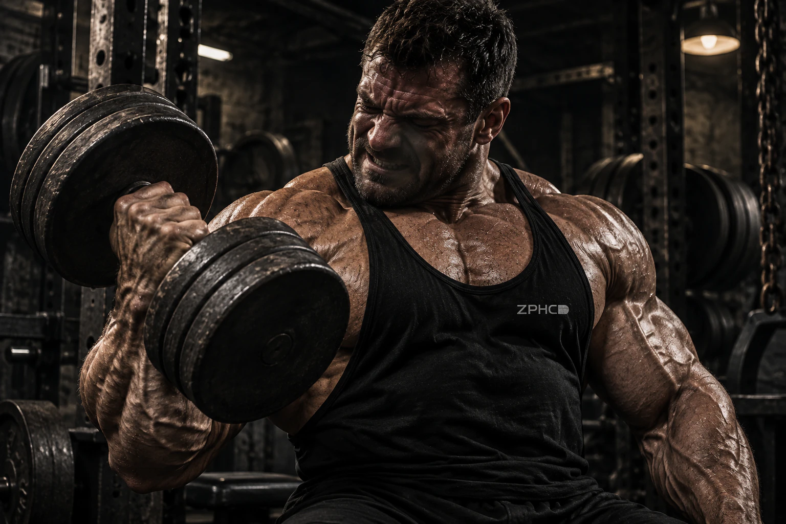 Close view of a bodybuilder curling a heavy dumbbell with a strained face.