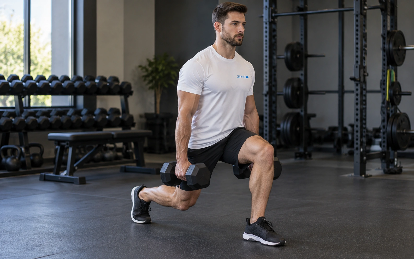 Man at the bottom of a split squat holding dumbbells at his sides, three-quarter view in the same gym.