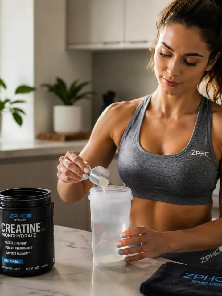 A woman in sportswear scoops creatine monohydrate powder at a kitchen counter.