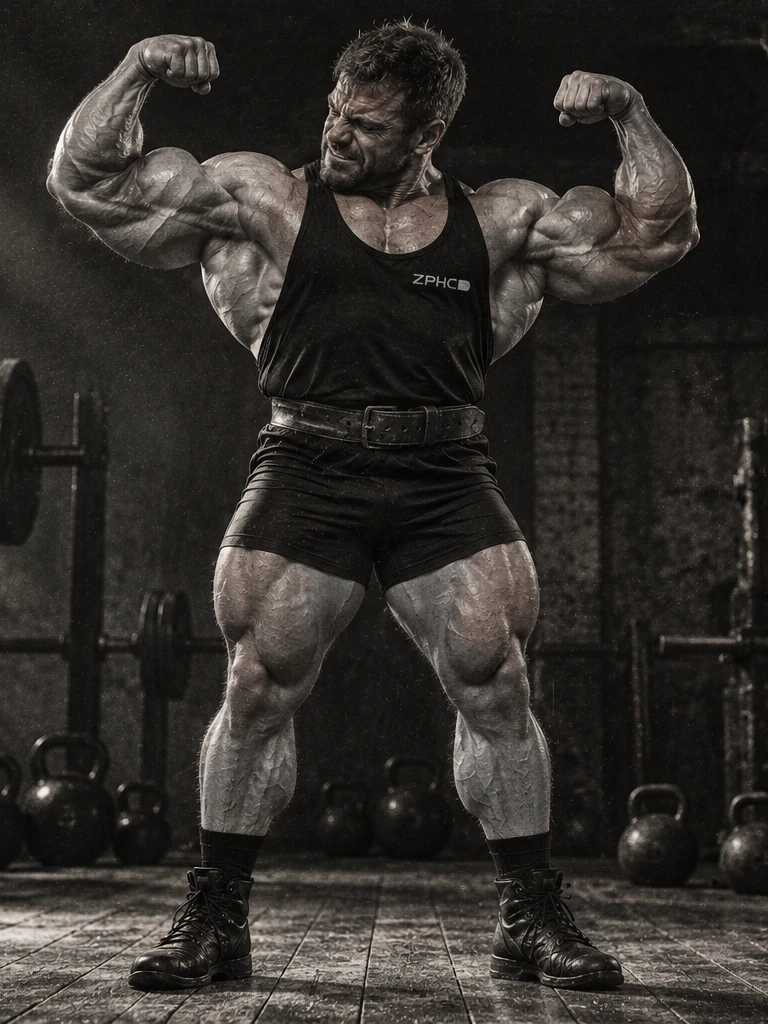 Muscular bodybuilder in a black tank top posing in a dark gym.
