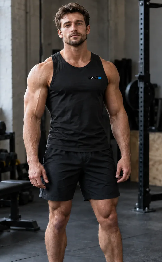 A muscular man in a black sleeveless top stands between a dumbbell rack and a power rack.