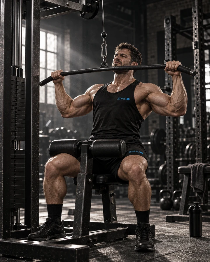 A muscular man performs a lat pulldown on a cable machine in the gym.