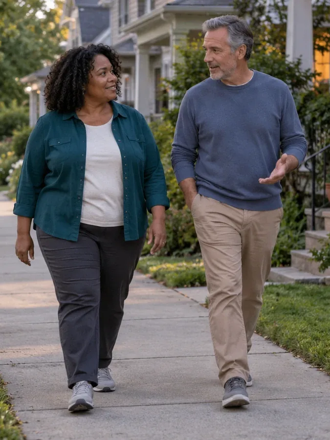 Two adults talking as they walk along a tree-lined residential sidewalk.