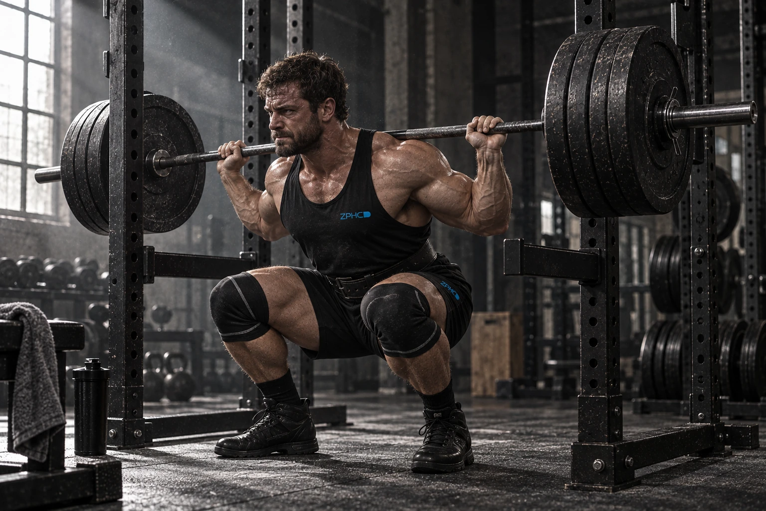 A muscular man performs a barbell squat inside a power rack at the gym.