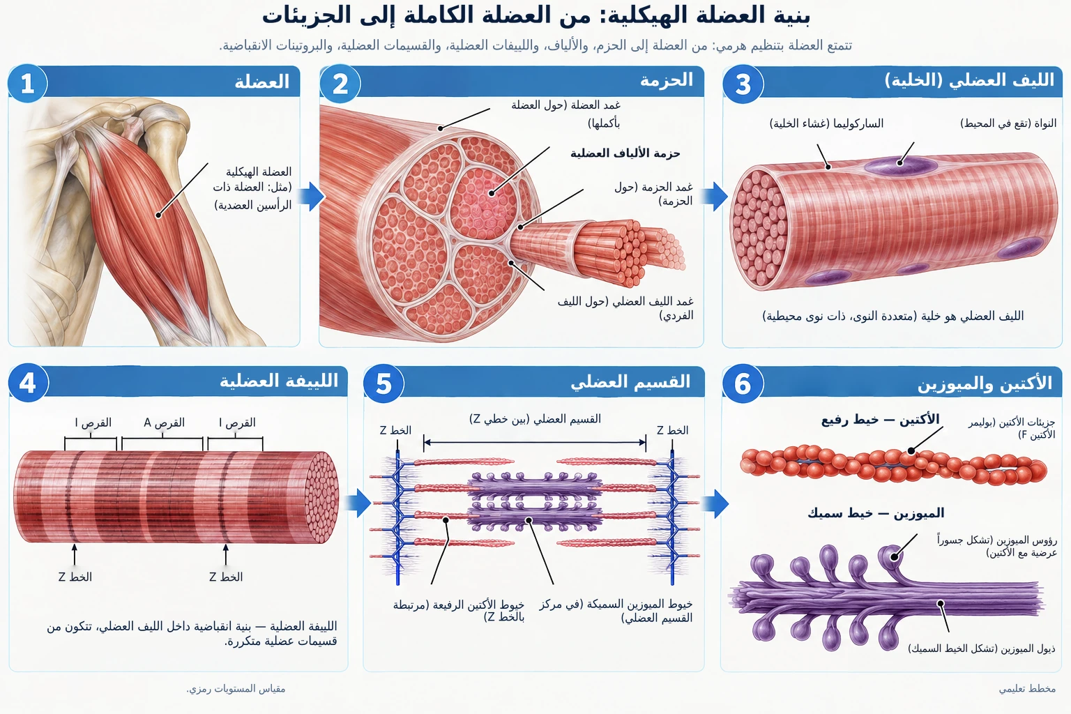 الهيكل التنظيمي للعضلة الهيكلية يتدرج من العضلة بأكملها وصولاً إلى الحزم والألياف واللييفات والقسيمات العضلية والبروتينات الانقباضية.
