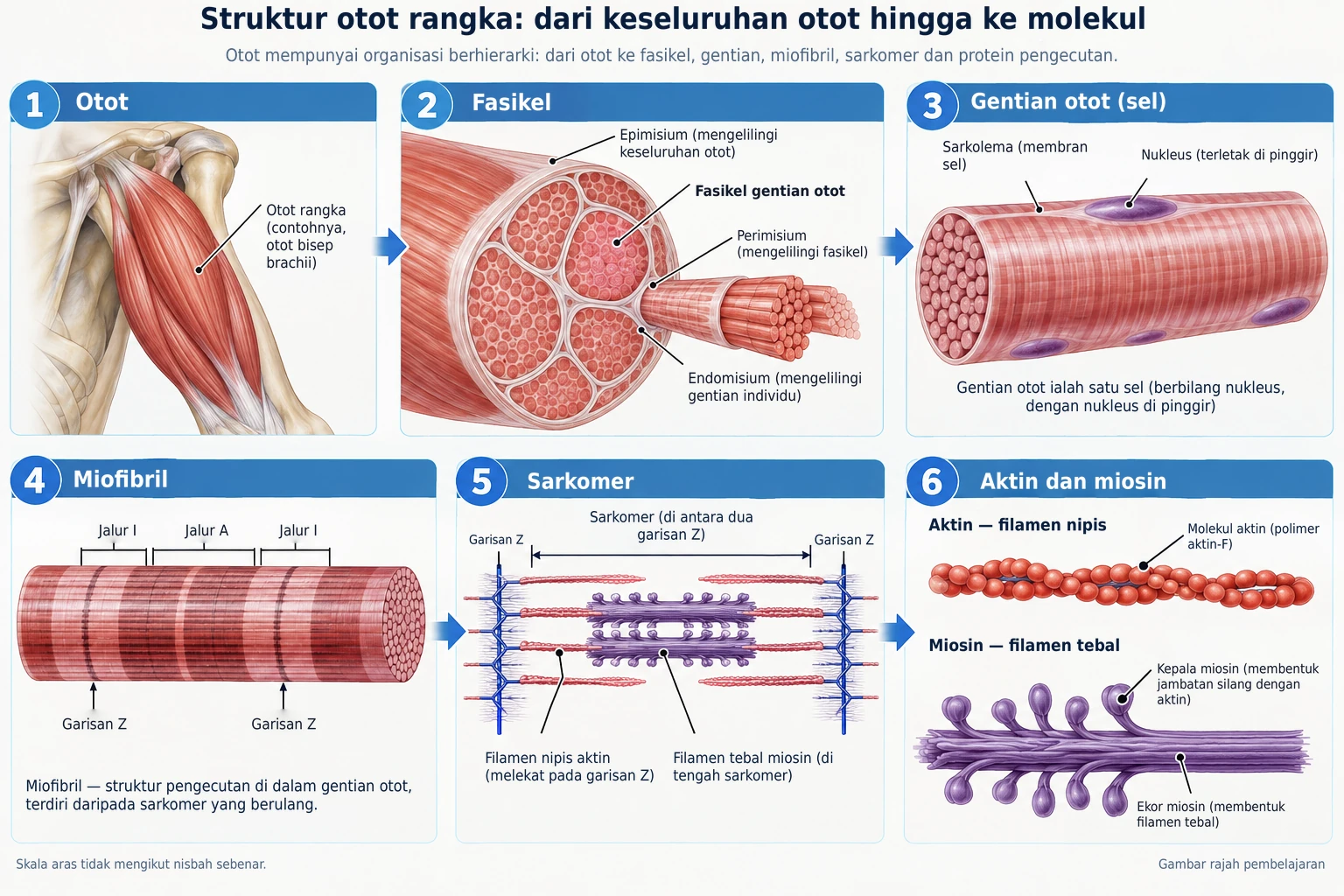 Otot rangka mempunyai struktur hierarki yang terdiri daripada fasikel, serat otot, miofibril, sarkomer, dan protein kontraktil aktin dan miosin.