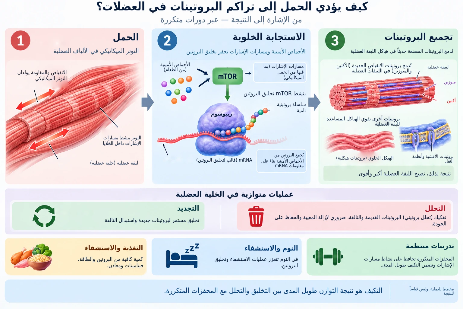 التوتر الميكانيكي الناتج عن التمرين يحفز مسارات الإشارات الخلوية لزيادة تخليق البروتين وتراكم بروتينات انقباضية جديدة في العضلة.