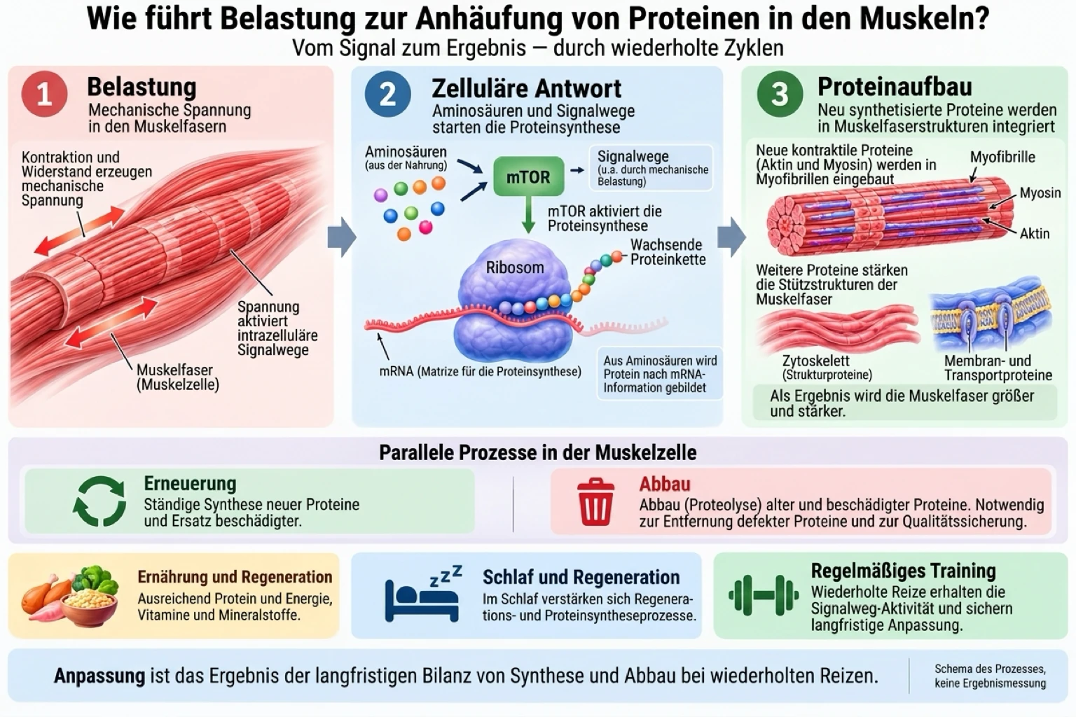 Mechanische Spannung durch das Training aktiviert zelluläre Signalwege, die die Proteinsynthese steigern und neue kontraktile Proteine im Muskel aufbauen.