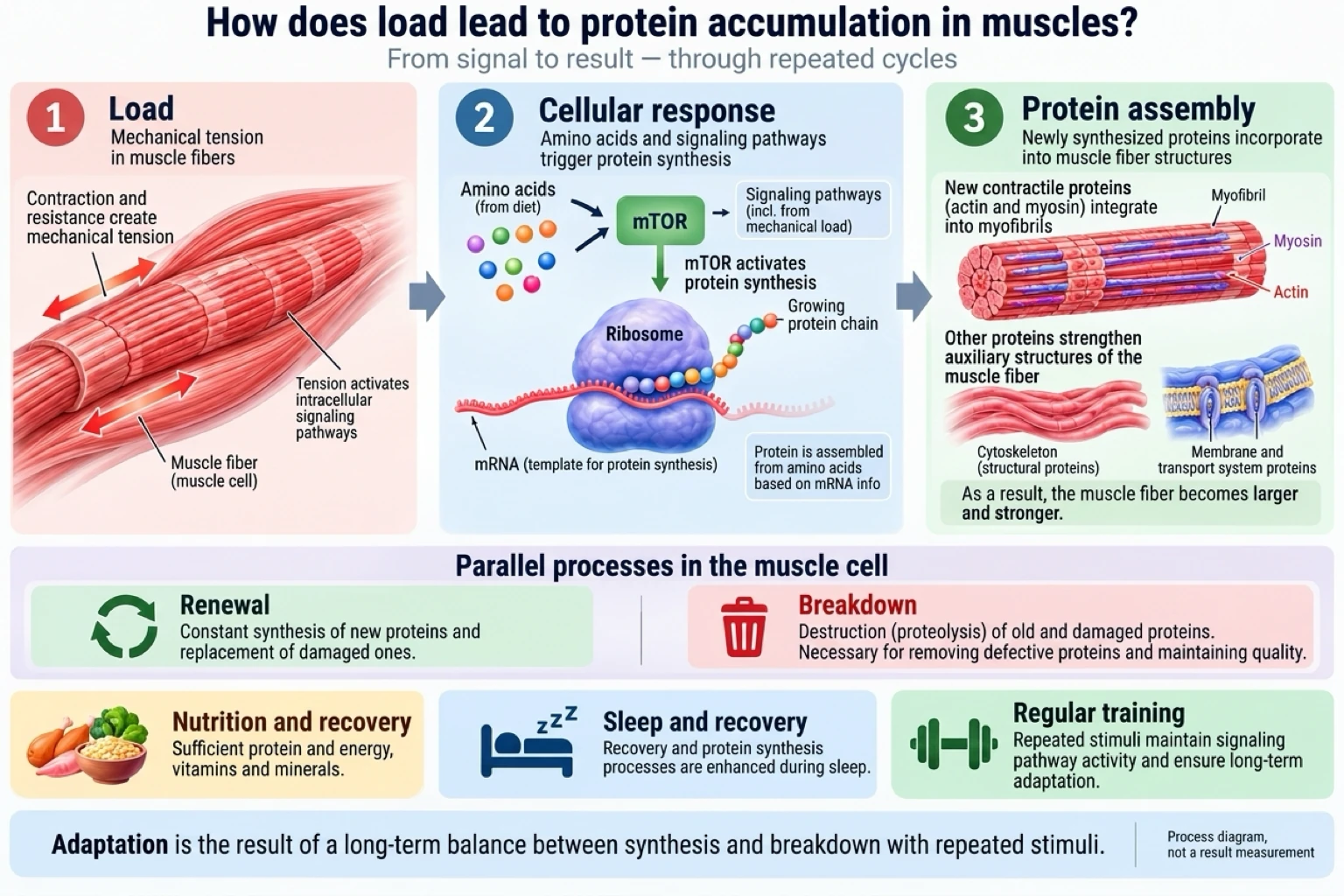 Mechanical tension from exercise triggers cellular signaling pathways that increase protein synthesis and lead to the accumulation of new contractile proteins in the muscle.