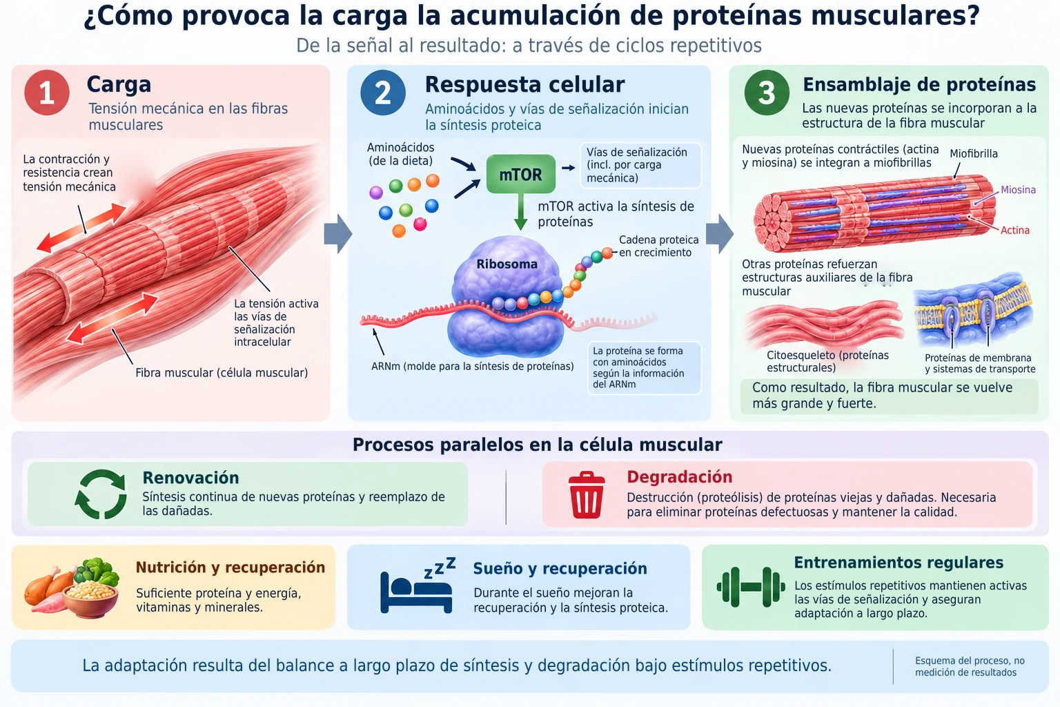 La tensión mecánica del entrenamiento activa vías de señalización celular que aumentan la síntesis de proteínas y construyen nuevas proteínas contráctiles.