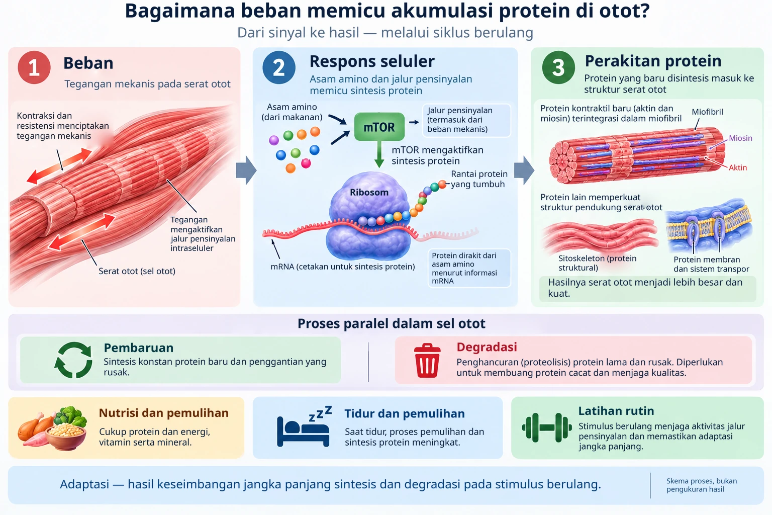 Ketegangan mekanis dari latihan memicu jalur pensinyalan sel yang meningkatkan sintesis protein dan membangun protein kontraktil baru di dalam otot.