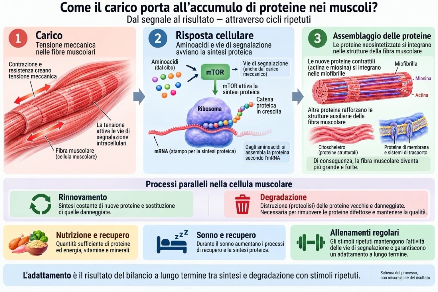 La tensione meccanica dell'allenamento attiva vie di segnalazione cellulare che aumentano la sintesi proteica e portano all'accumulo di nuove proteine contrattili nel muscolo.