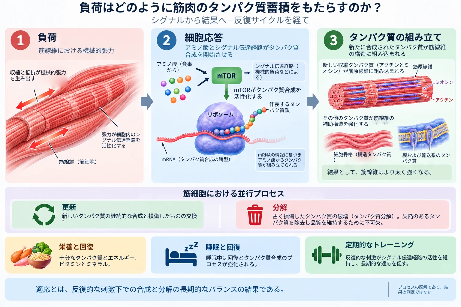 トレーニングによる機械的張力は細胞のシグナル伝達経路を活性化させ、タンパク質合成を高め、筋肉内に新しい収縮タンパク質を蓄積させます。