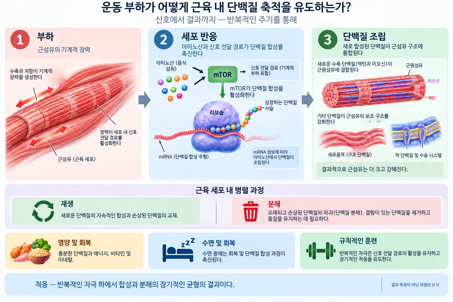 훈련 시 발생하는 기계적 장력은 세포 신호 전달 경로를 활성화하여 단백질 합성을 증가시키고 새로운 수축 단백질을 축적합니다.
