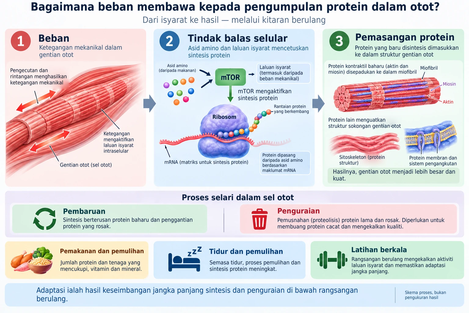 Ketegangan mekanikal daripada latihan mencetuskan isyarat selular yang meningkatkan sintesis protein dan membina protein kontraktil baharu dalam otot.