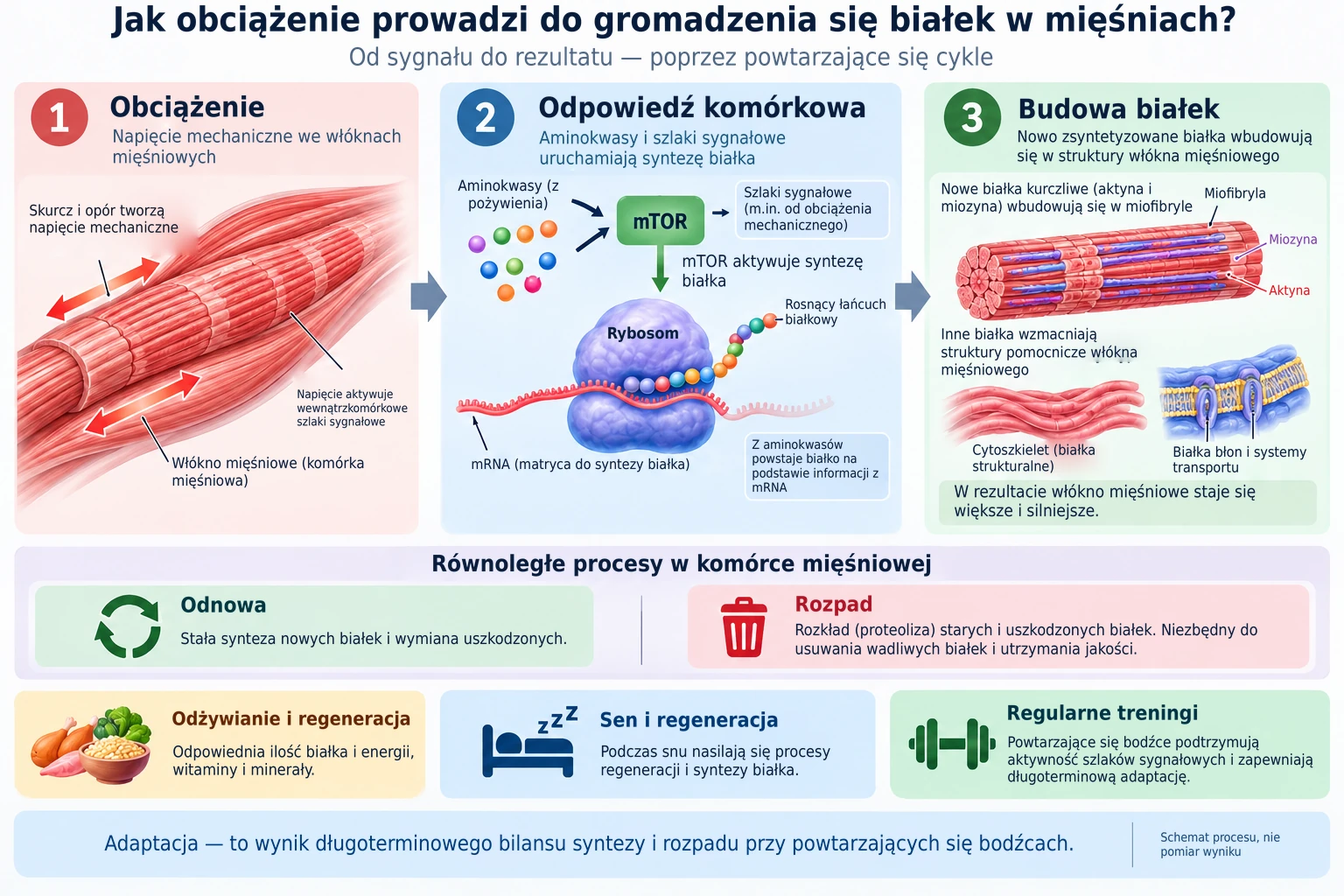 Napięcie mechaniczne wywołane treningiem aktywuje komórkowe szlaki sygnałowe, które zwiększają syntezę białek i budują nowe białka kurczliwe w mięśniu.