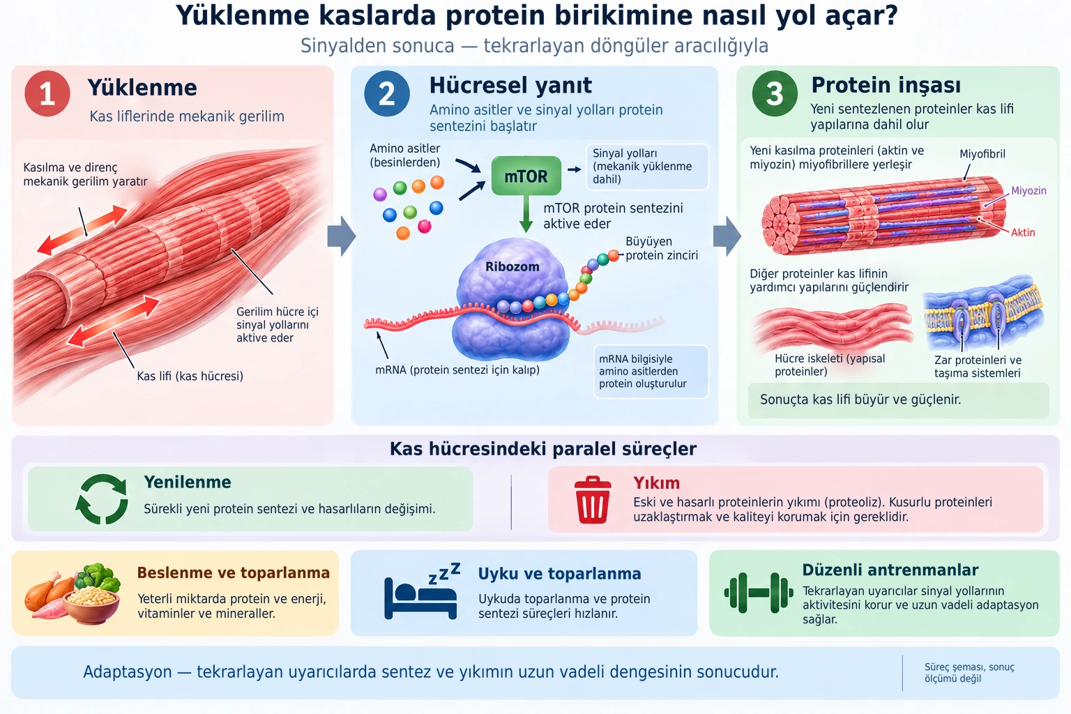 Antrenmanın yarattığı mekanik gerilim, protein sentezini artıran hücresel sinyal yollarını tetikleyerek kasta yeni kasılgan proteinlerin birikmesini sağlar.