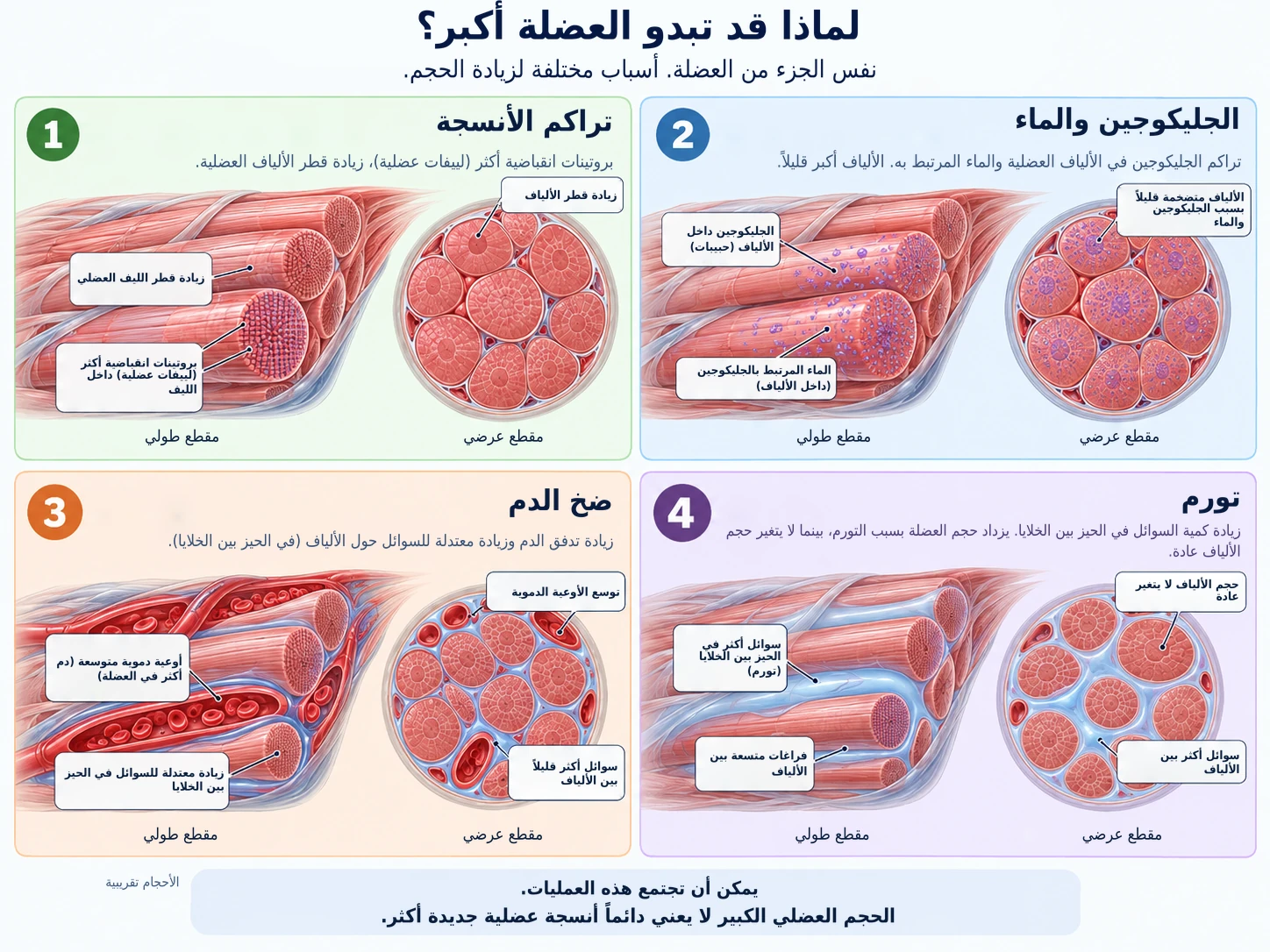 يزداد حجم العضلة لأربعة أسباب: النمو الحقيقي للبروتينات الانقباضية، أو تراكم الجليكوجين والماء، أو الضخ المؤقت، أو احتباس السوائل.