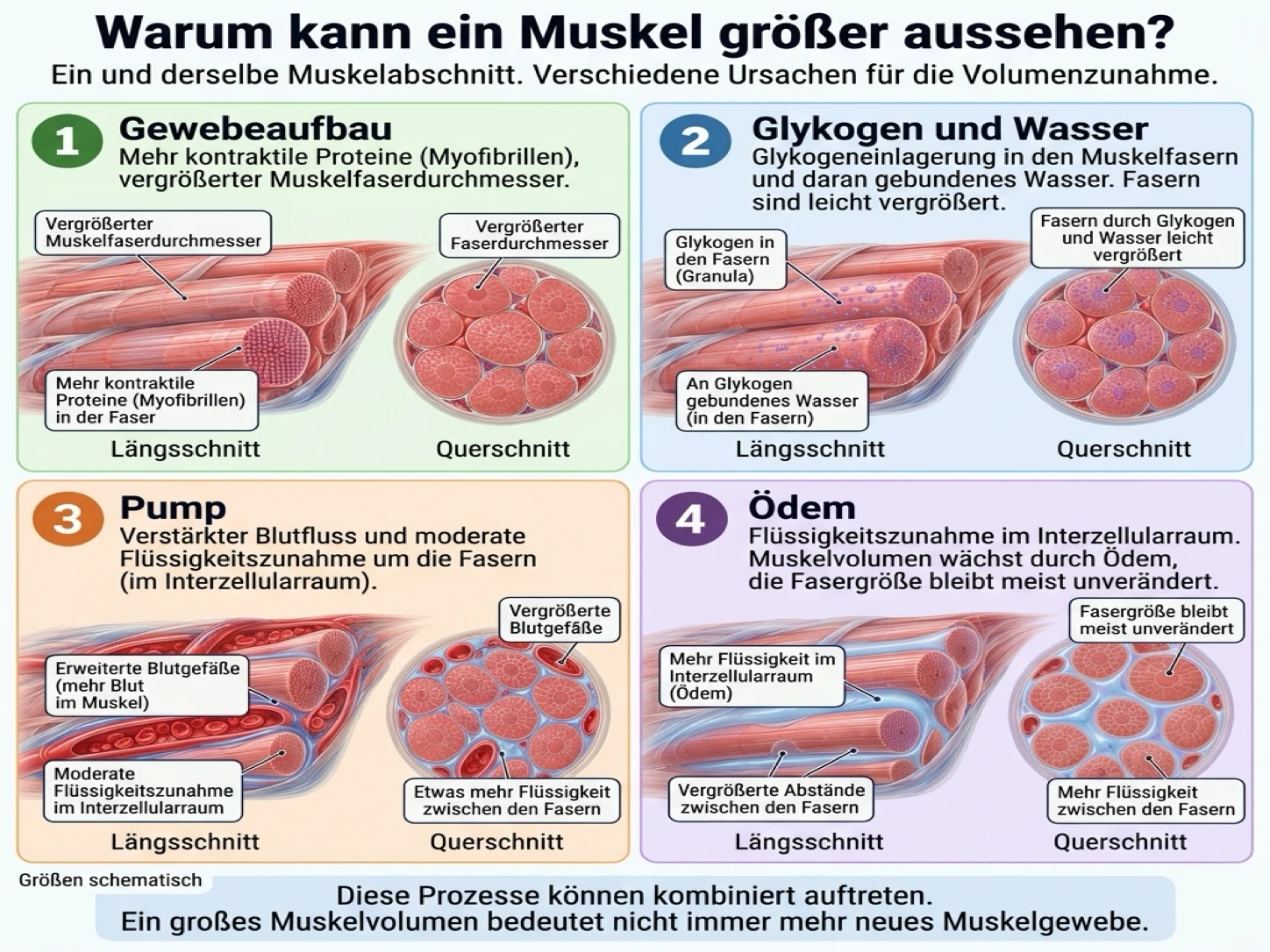 Das Muskelvolumen steigt aus vier Gründen: echtes Wachstum kontraktiler Proteine, Ansammlung von Glykogen und Wasser, temporärer Pump oder Flüssigkeitseinlagerungen.