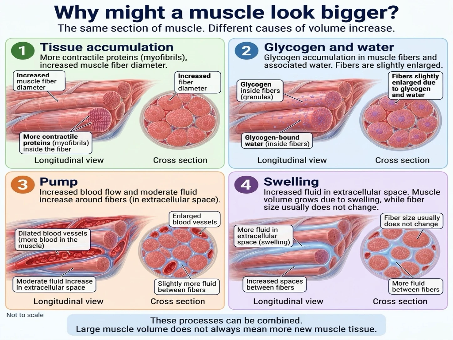 Muscle volume increases for four distinct reasons: true growth of contractile proteins, accumulation of glycogen and water, a temporary pump, or fluid swelling.