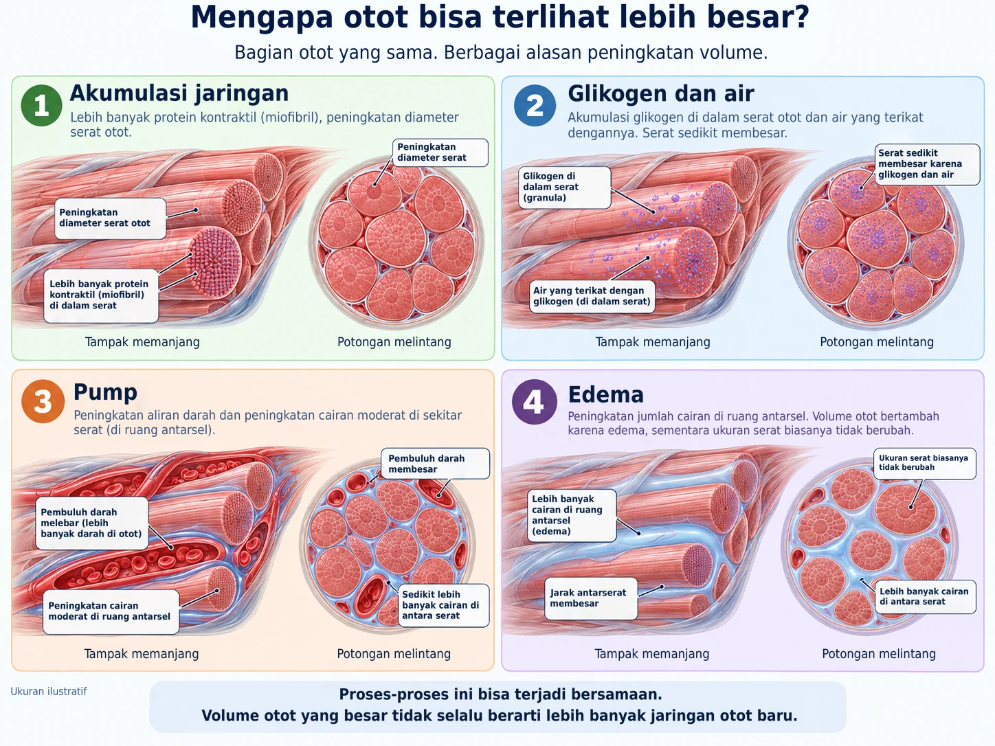 Volume otot meningkat karena empat alasan: pertumbuhan protein kontraktil yang nyata, penumpukan glikogen dan air, pump sementara, atau pembengkakan cairan.
