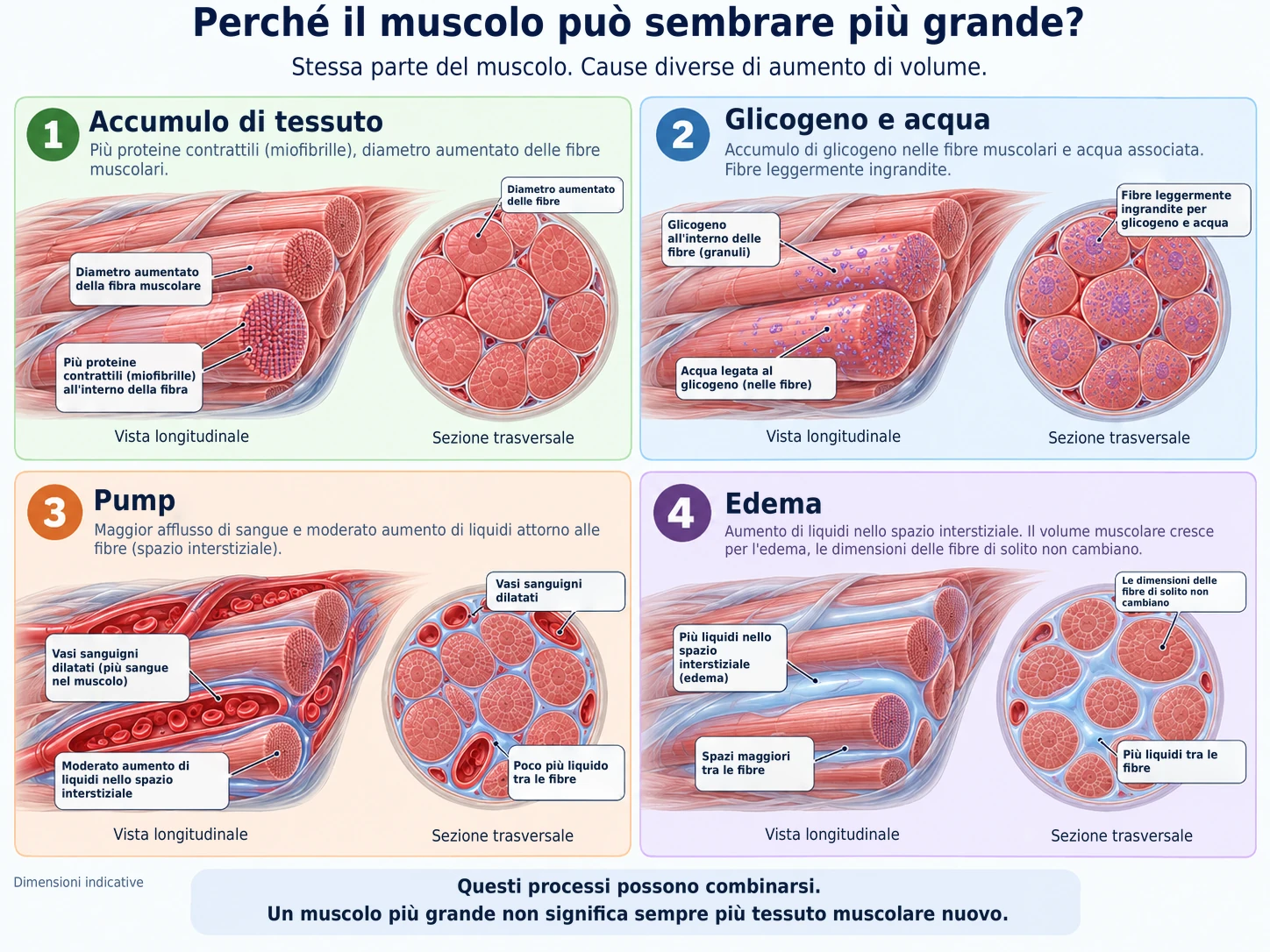 Il volume muscolare aumenta per quattro motivi: crescita reale delle proteine contrattili, accumulo di glicogeno e acqua, pump temporaneo o edema tissutale.