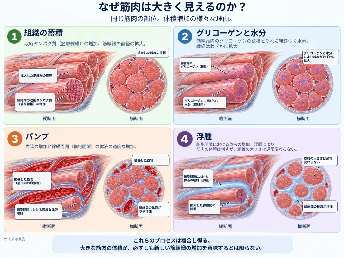 筋肉の体積が増加する理由は4つあり、収縮タンパク質の実際の成長、グリコーゲンと水分の蓄積、一時的なパンプアップ、または組織のむくみです。