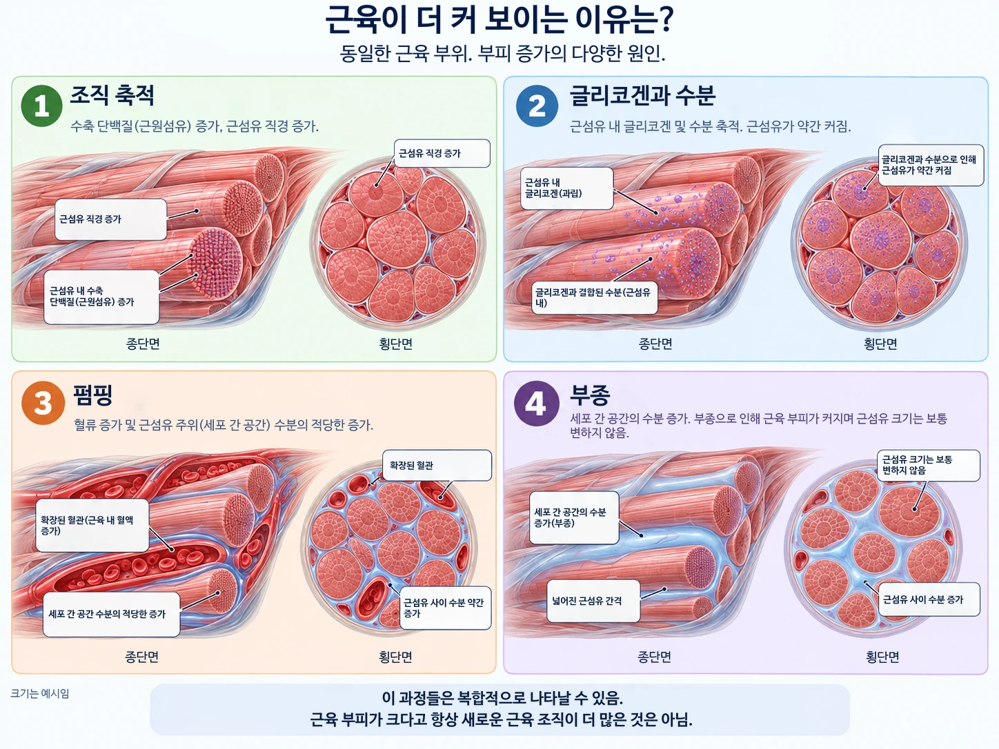 근육 부피가 커지는 이유는 수축 단백질의 실제 성장, 글리코겐과 수분의 축적, 일시적인 펌핑, 또는 체액에 의한 부종 등 4가지입니다.
