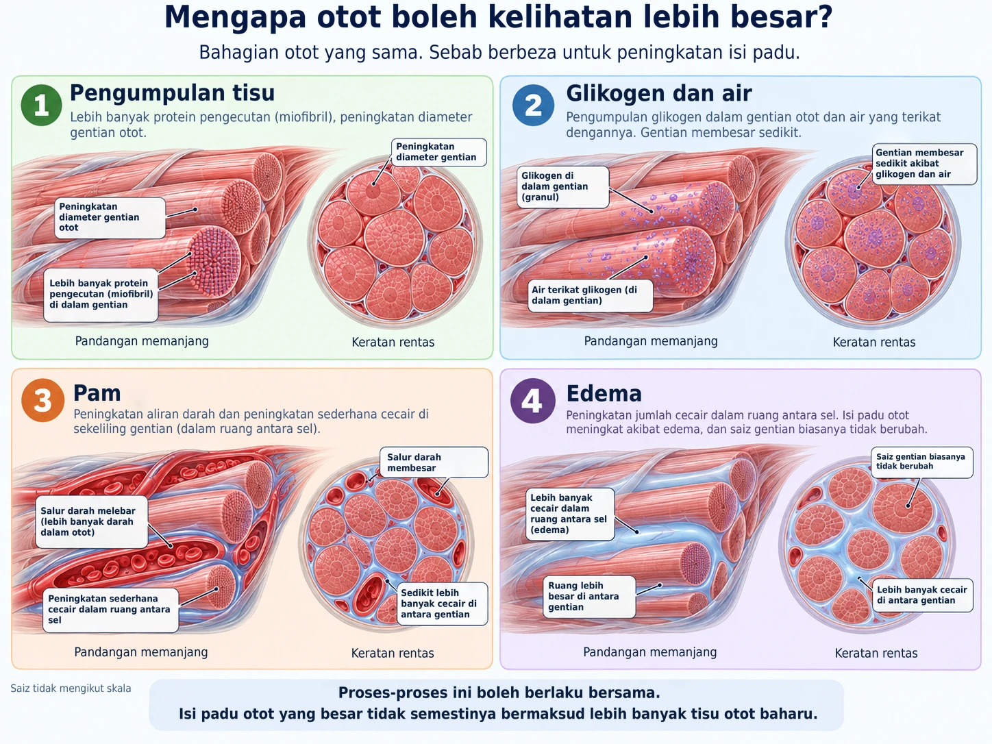 Isi padu otot meningkat atas empat sebab: pertumbuhan sebenar protein kontraktil, pengumpulan glikogen dan air, "pam" sementara, atau bengkak cecair.