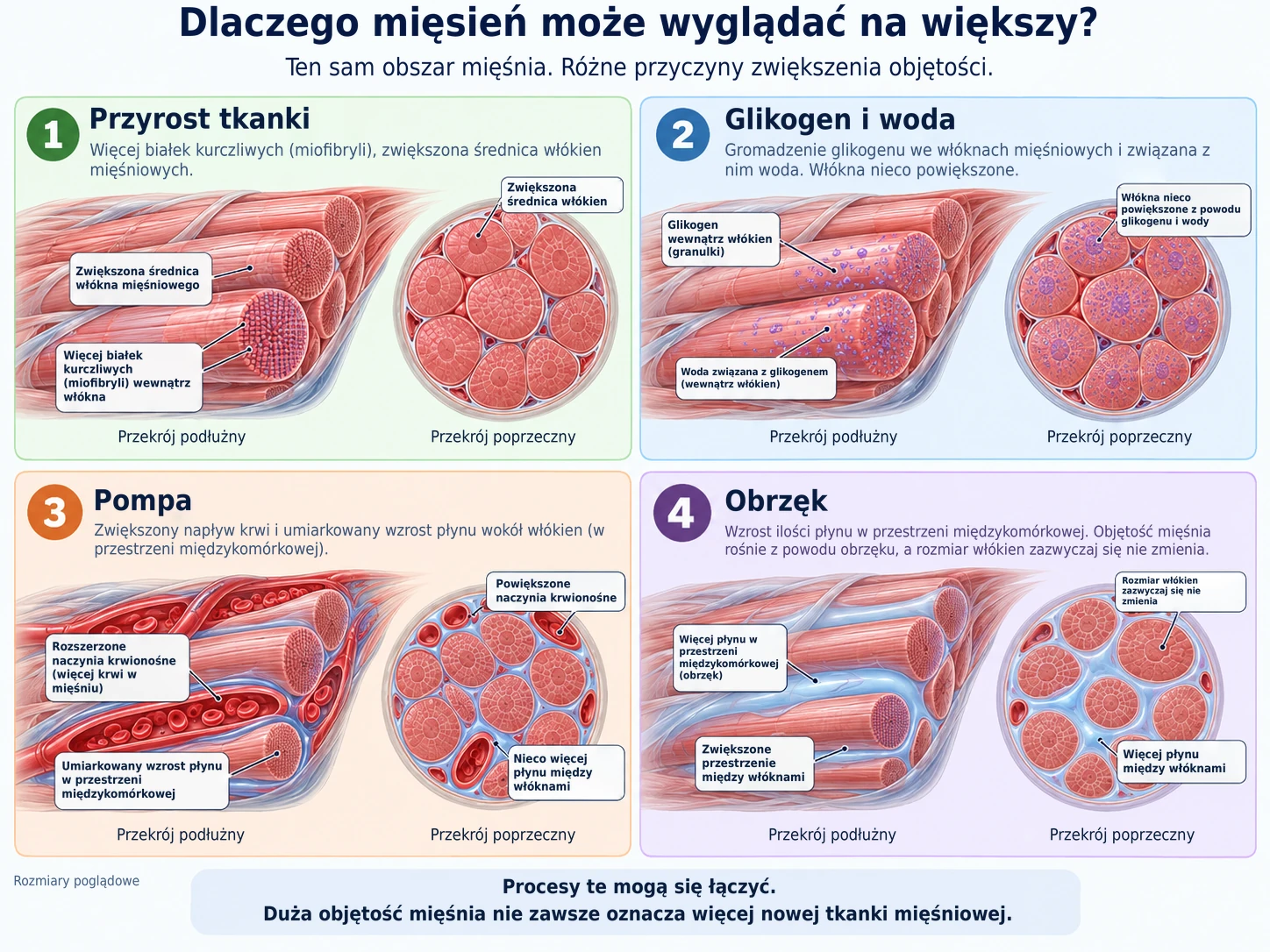 Objętość mięśnia rośnie z czterech powodów: rzeczywisty przyrost białek kurczliwych, nagromadzenie glikogenu i wody, tymczasowa pompa lub obrzęk tkanek.