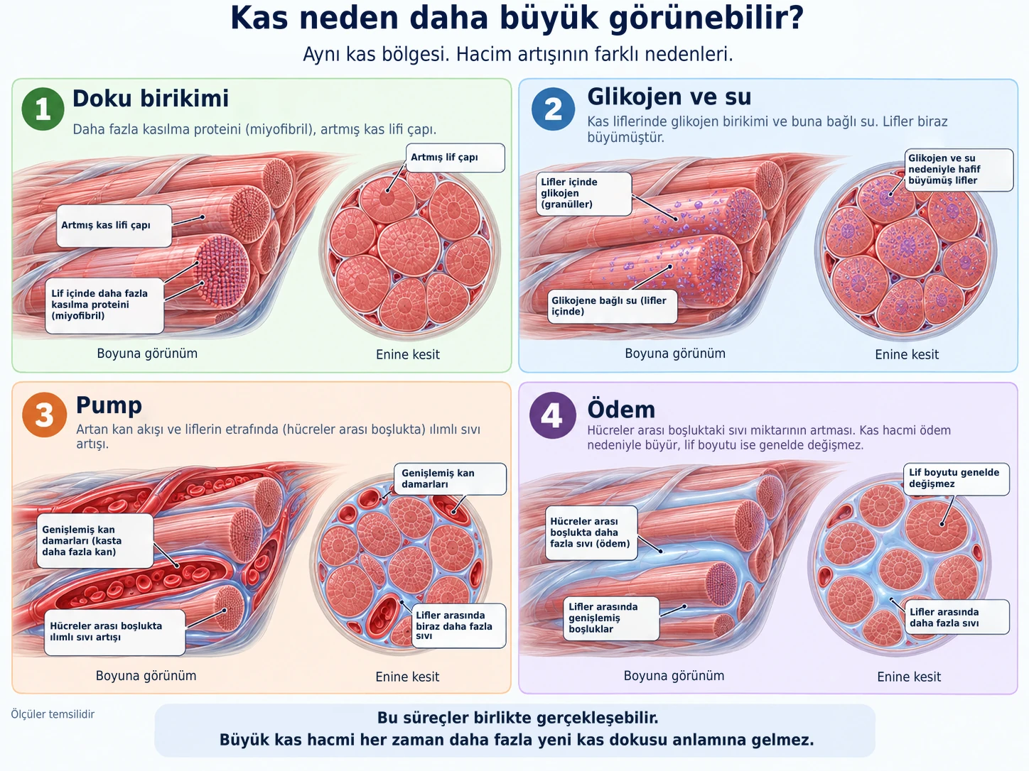 Kas hacmi dört nedenle artar: kasılgan proteinlerin gerçek büyümesi, glikojen ve su birikimi, geçici pump veya sıvı tutulumuna bağlı ödem.