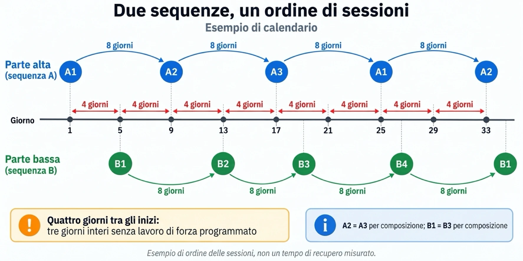Quattro giorni tra le sessioni per la parte alta e bassa del corpo creano un intervallo di recupero di otto giorni prima di ripetere lo stesso tipo di allenamento.