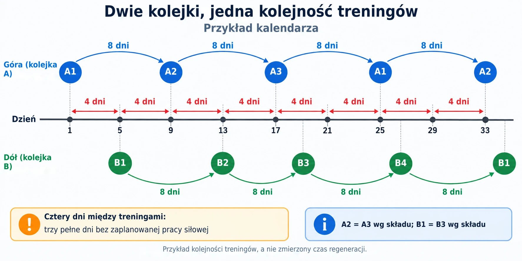 Rozdzielenie sesji na górę i dół ciała o cztery dni daje osiem dni na regenerację przed powtórzeniem tego samego typu treningu.