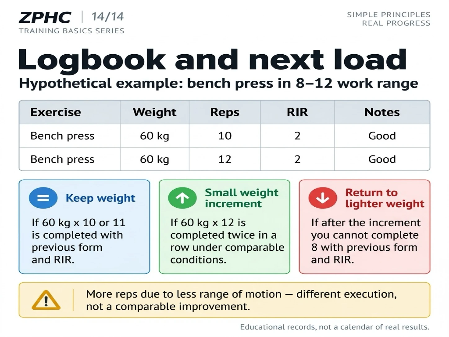 A training log tracks working weight, repetitions, and reps in reserve to objectively determine when to maintain, increase, or decrease the load.