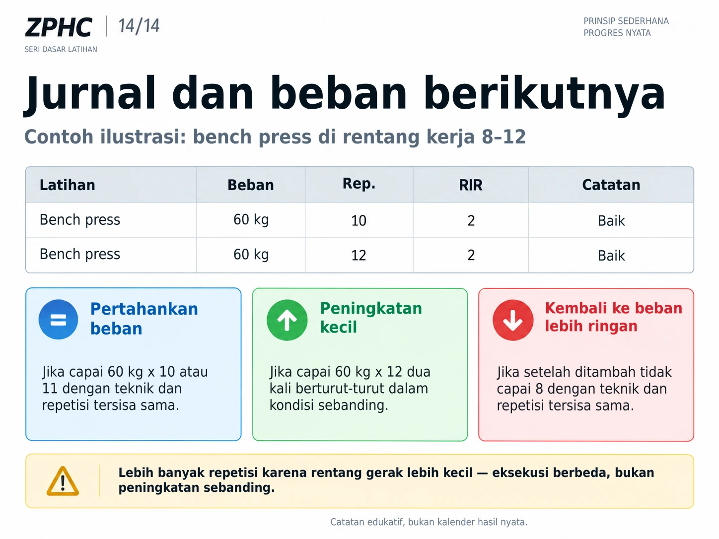 Jurnal latihan mencatat beban kerja, repetisi, dan repetisi tersisa untuk menentukan secara objektif kapan harus mempertahankan, menambah, atau mengurangi beban.