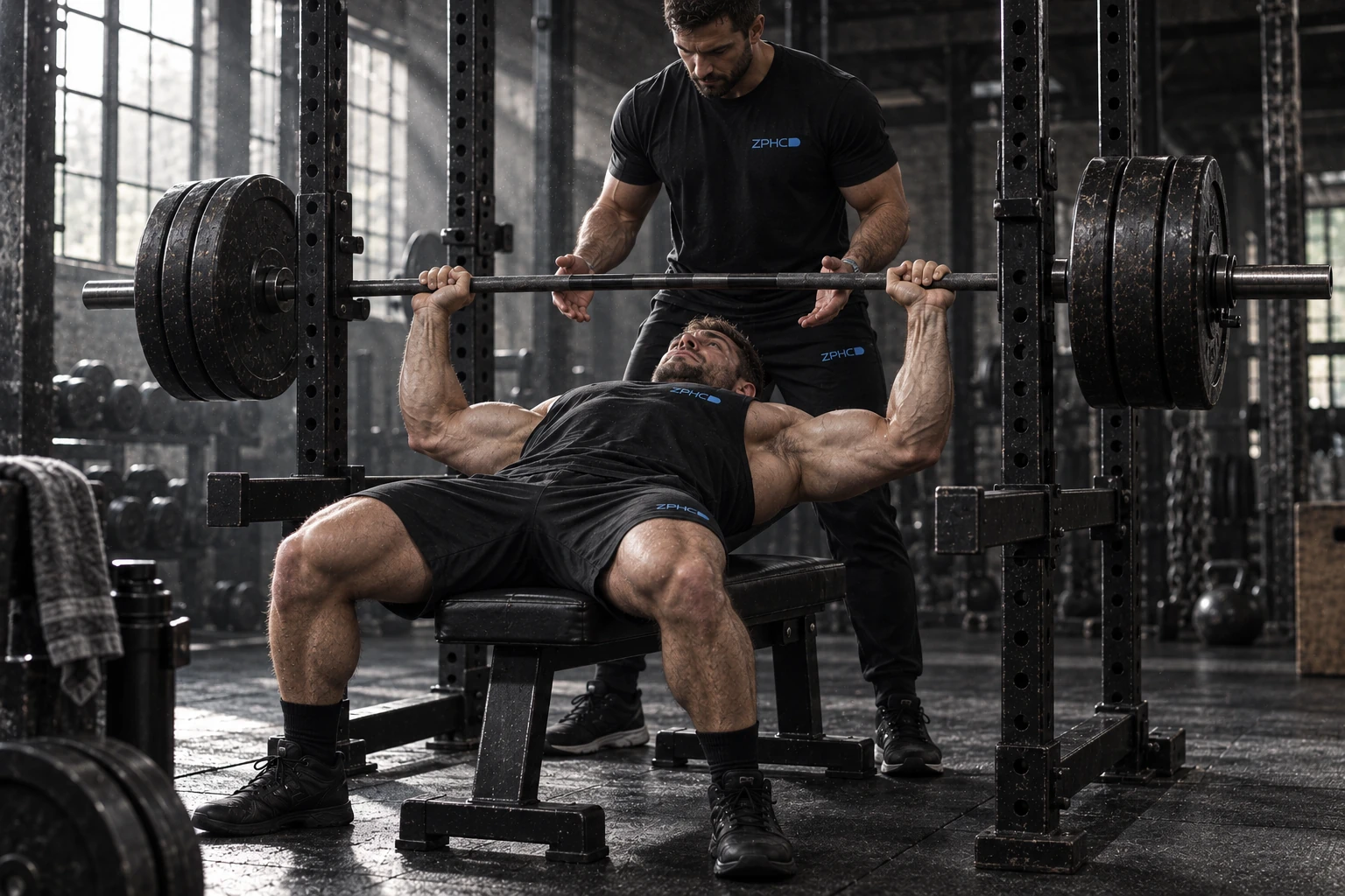 A man performs a flat bench press with a barbell while another man spots him from behind.