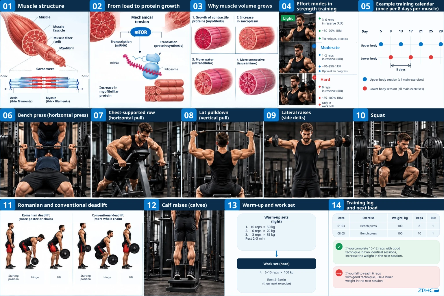 A comprehensive summary sheet outlines muscle anatomy, growth principles, modes of effort, the training calendar, specific exercise techniques, and load progression tracking.