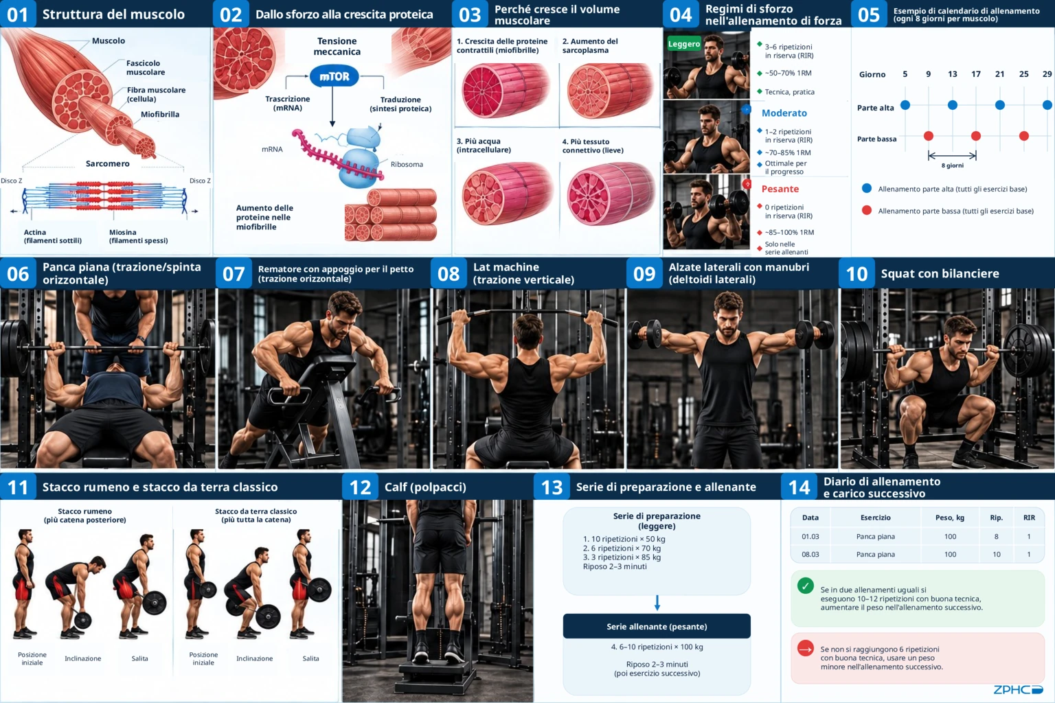 Una scheda riassuntiva completa che illustra l'anatomia muscolare, i principi di crescita, i livelli di sforzo, il calendario, le tecniche e la progressione.