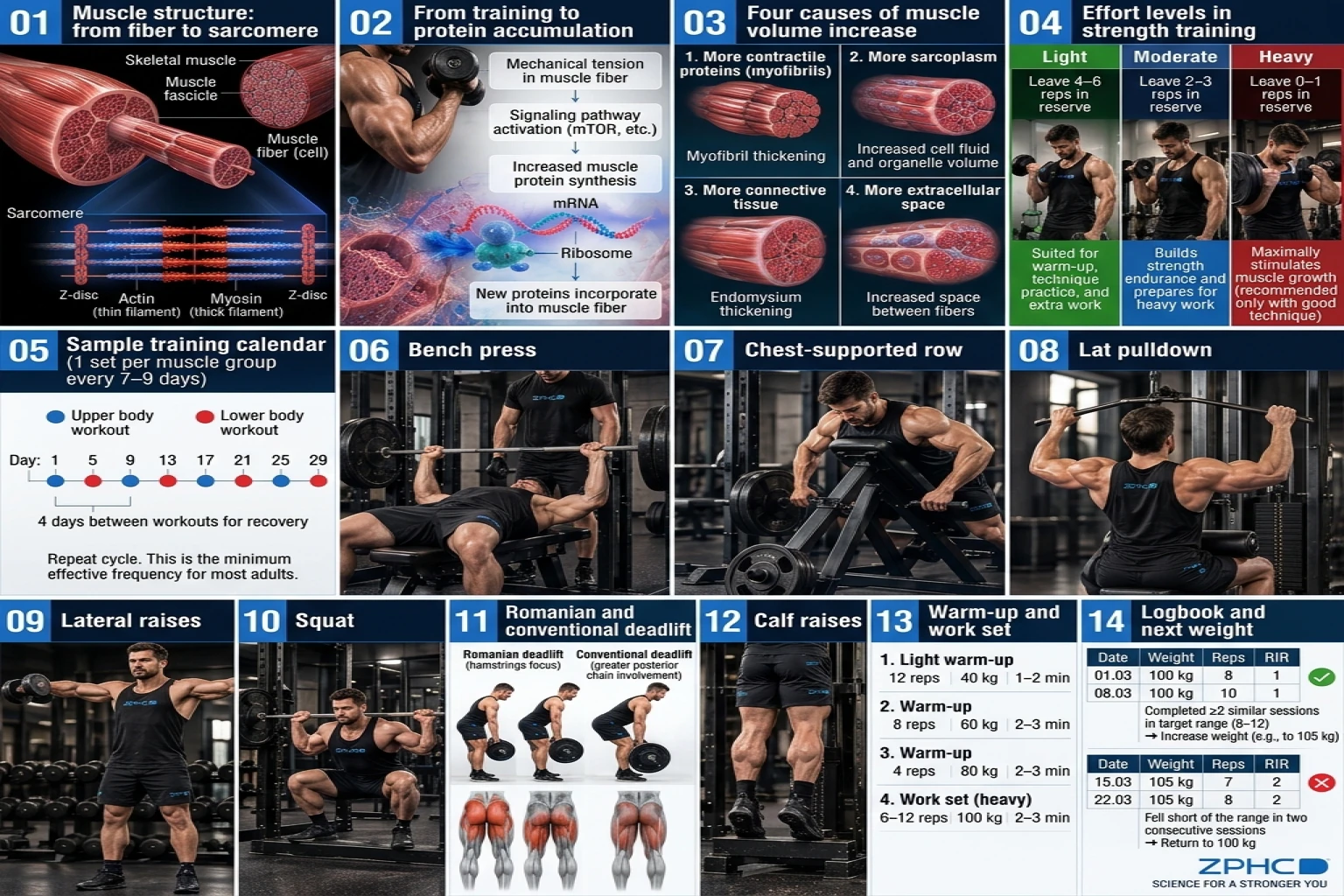 A comprehensive summary sheet outlines muscle anatomy, growth principles, modes of effort, the training calendar, specific exercise techniques, and load progression tracking.