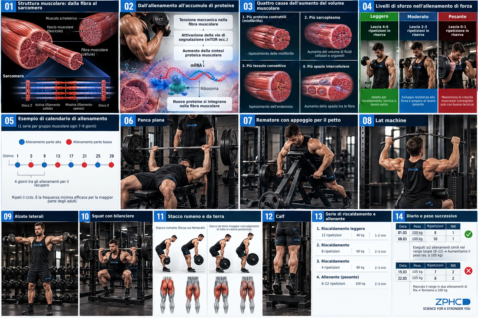 Una scheda riassuntiva completa che illustra l'anatomia muscolare, i principi di crescita, i livelli di sforzo, il calendario, le tecniche e la progressione.