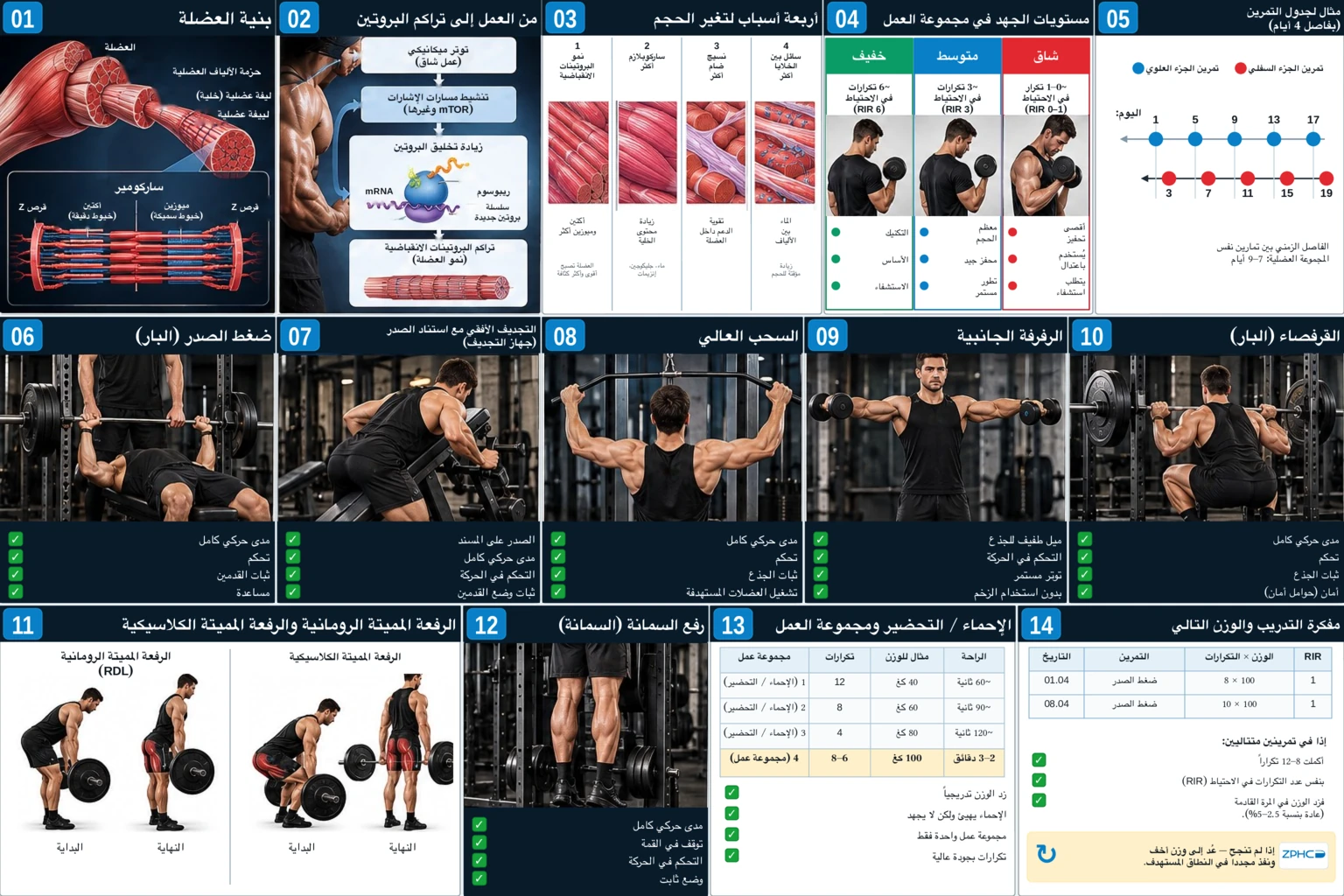 تلخص هذه الورقة الشاملة تشريح العضلات، ومبادئ النمو، ومستويات الجهد، وجدول التدريب، وتقنيات التمارين، وكيفية تتبع تقدم الأحمال التدريبية.