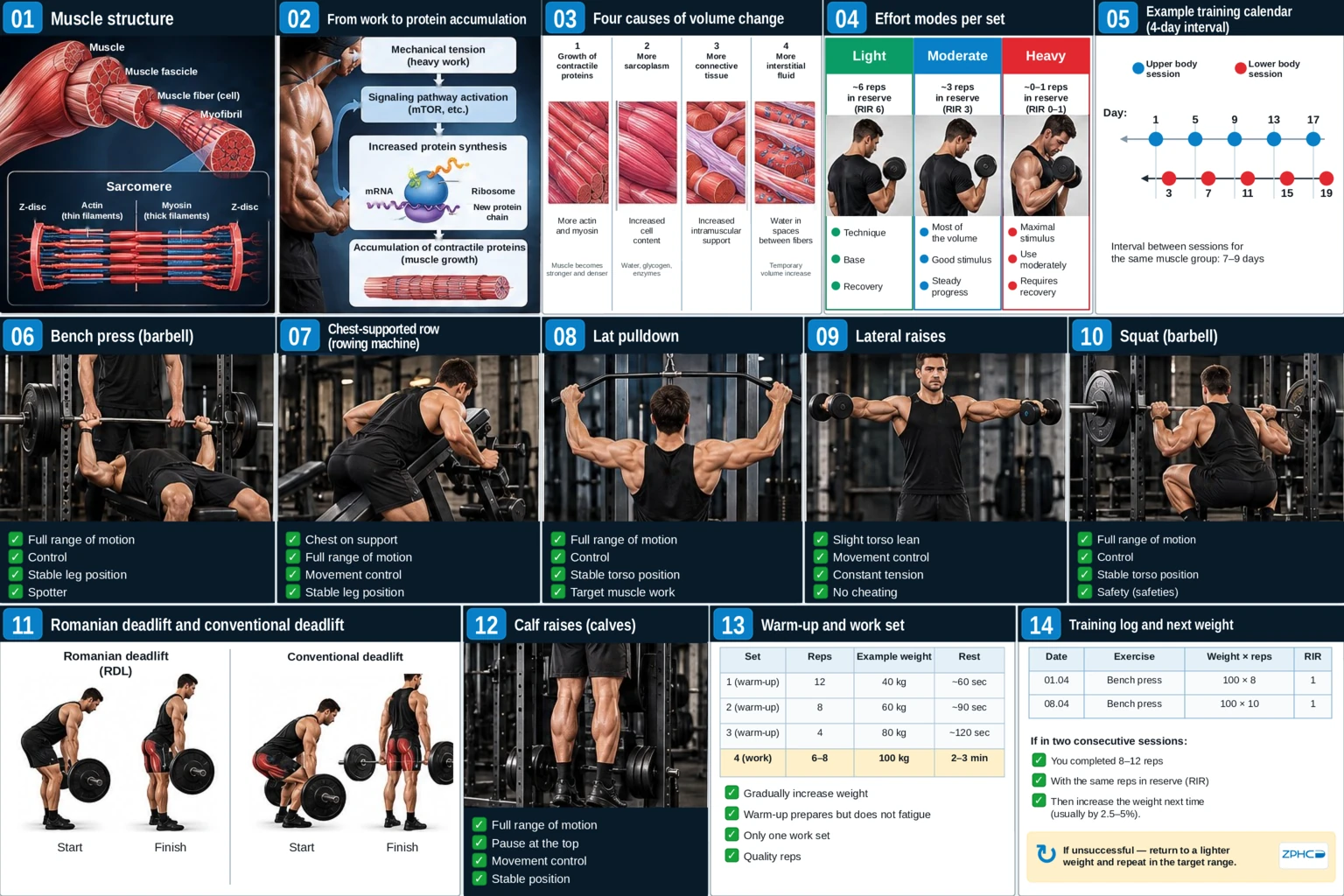 A comprehensive summary sheet outlines muscle anatomy, growth principles, modes of effort, the training calendar, specific exercise techniques, and load progression tracking.