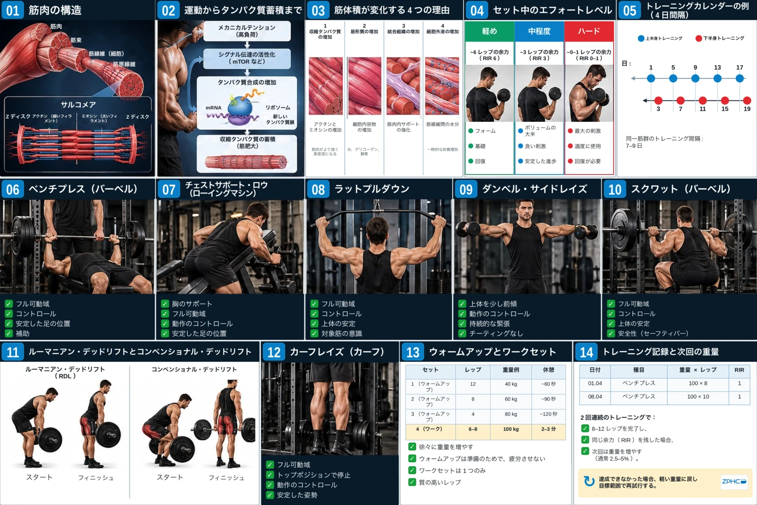 筋肉の解剖学、成長の原則、負荷の段階、トレーニングカレンダー、種目のテクニック、負荷の進捗管理をまとめた包括的な要約シートです。